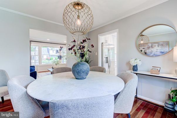 Dining room, Interior, Pendant Lights, Recessed Lighting, Wood Texture Flooring