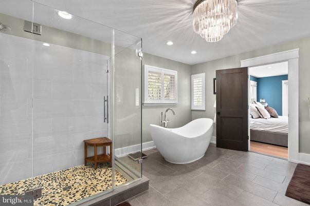 Bathroom, Bedroom, Chandelier, Free Standing Baths, Glass Shower, Interior, Recessed Lighting, Wood Texture Flooring