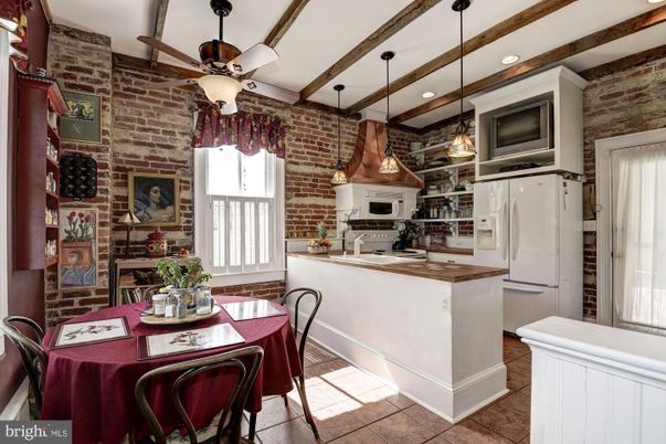 Dining room, Interior, Kitchen, Pendant Lights, Recessed Lighting, Stainless Steel Appliances, Stone Walls, Wooden Beams