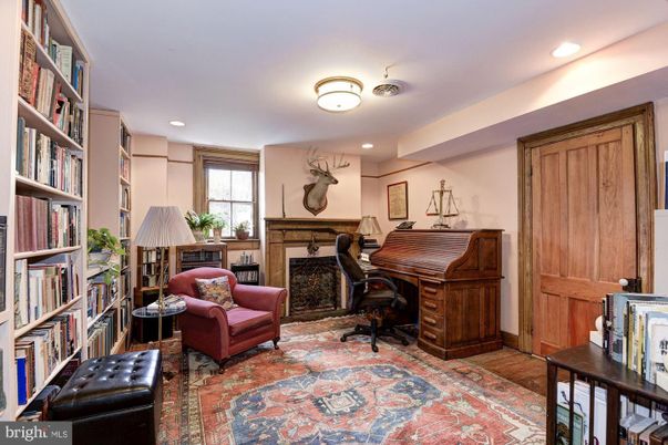 Fireplace, Home Office, Interior, Recessed Lighting, Wood Texture Flooring