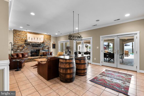 Fireplace, Interior, Living room, Pendant Lights, Recessed Lighting, Stone Walls