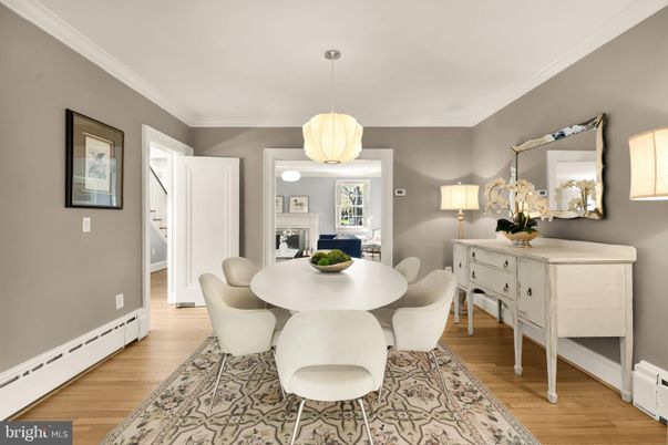 Dining room, Fireplace, Interior, Pendant Lights, Wood Texture Flooring