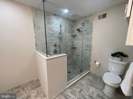 Bathroom, Glass Shower, Interior, Marble, Marble Walls, Recessed Lighting