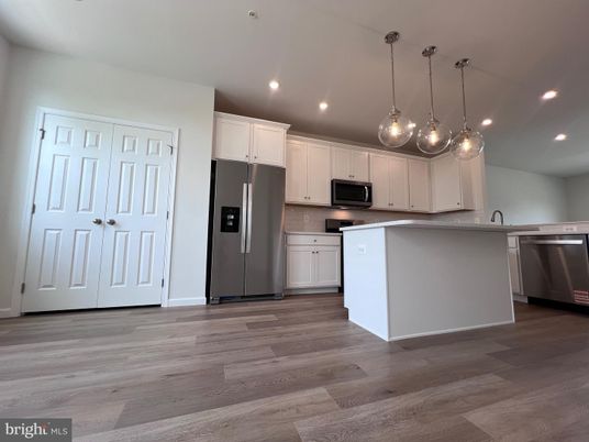 Interior, Kitchen, Pendant Lights, Recessed Lighting, Stainless Steel Appliances, Wood Texture Flooring