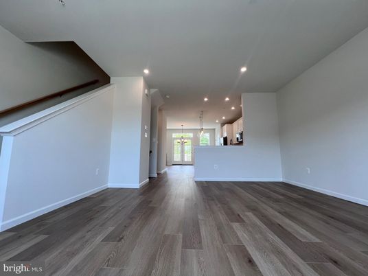 Empty room, Interior, Kitchen, Pendant Lights, Recessed Lighting, Wood Texture Flooring