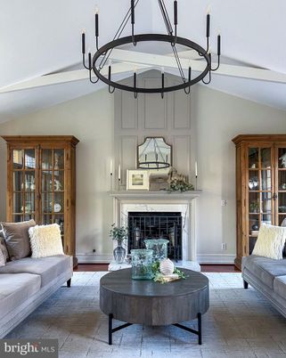 Chandelier, Fireplace, Interior