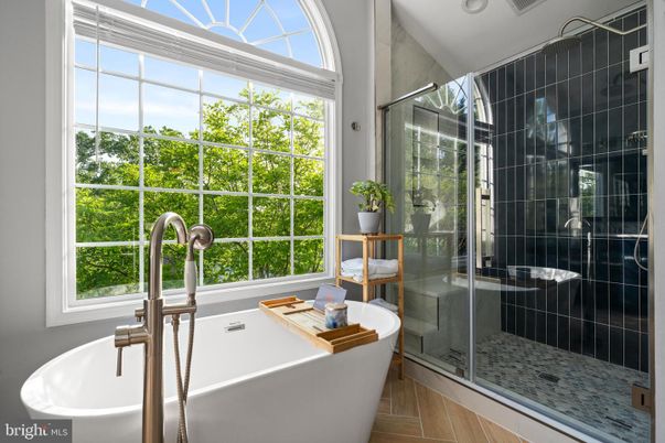 Bathroom, Free Standing Baths, Glass Shower, Interior, Recessed Lighting, Wood Texture Flooring