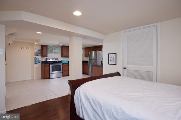 Bedroom, Interior, Kitchen, Recessed Lighting, Stainless Steel Appliances, Wood Texture Flooring