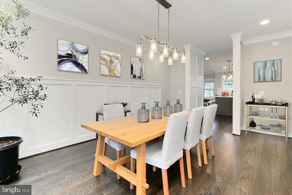 Dining room, Interior, Pendant Lights, Recessed Lighting, Wood Texture Flooring