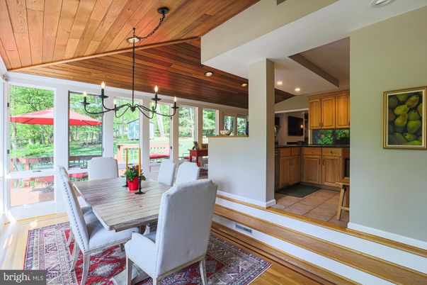 Chandelier, Dining room, Interior, Recessed Lighting, Wooden Ceilings, Wood Texture Flooring