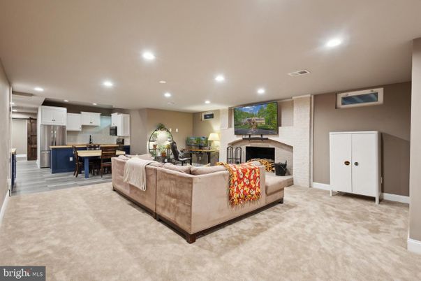 Dining room, Fireplace, Interior, Kitchen, Living room, Recessed Lighting, Stainless Steel Appliances
