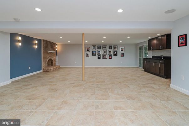 Empty room, Fireplace, Interior, Kitchen, Recessed Lighting, Stone Walls