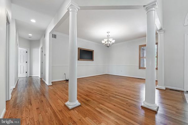 Chandelier, Empty room, Interior, Recessed Lighting, Wood Texture Flooring