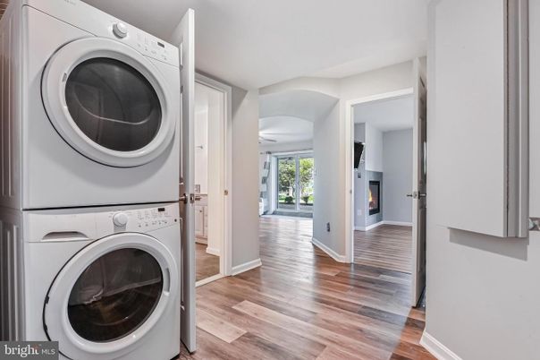 Fireplace, Interior, Utility Closets, Washer, Wood Texture Flooring