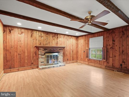 Empty room, Fireplace, Interior, Recessed Lighting, Wooden Beams, Wood Texture Flooring, Wooden Walls