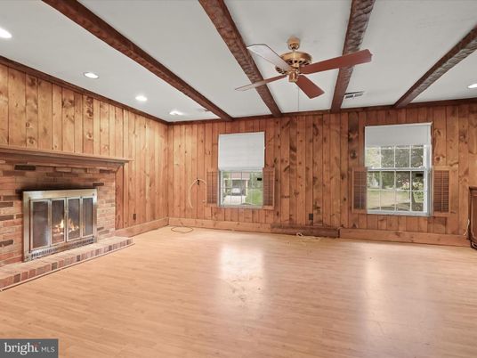 Empty room, Fireplace, Interior, Recessed Lighting, Wooden Beams, Wood Texture Flooring, Wooden Walls