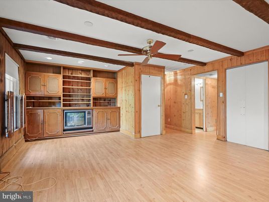 Empty room, Fireplace, Interior, Recessed Lighting, Wooden Beams, Wood Texture Flooring, Wooden Walls