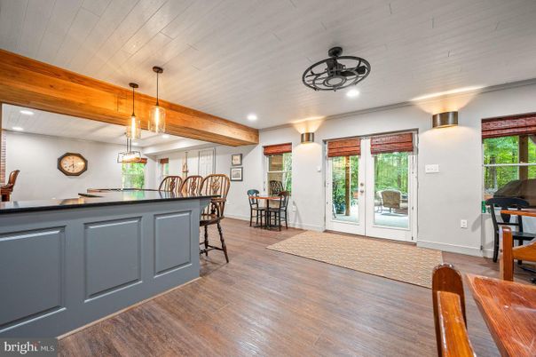 Dining room, Interior, Pendant Lights, Recessed Lighting, Wooden Beams, Wood Texture Flooring