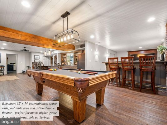 Billiard Table, Game Room, Interior, Pendant Lights, Recessed Lighting, Wood Texture Flooring