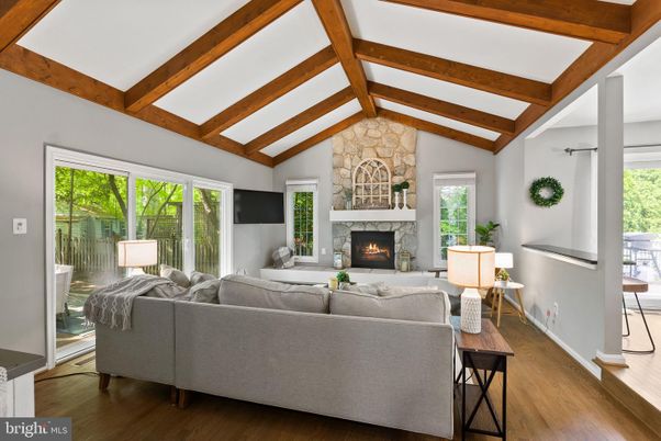 Fireplace, Interior, Living room, Stone Walls, Wooden Beams, Wood Texture Flooring
