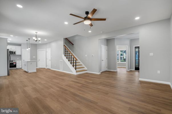 Chandelier, Empty room, Interior, Kitchen, Pendant Lights, Recessed Lighting, Wood Texture Flooring