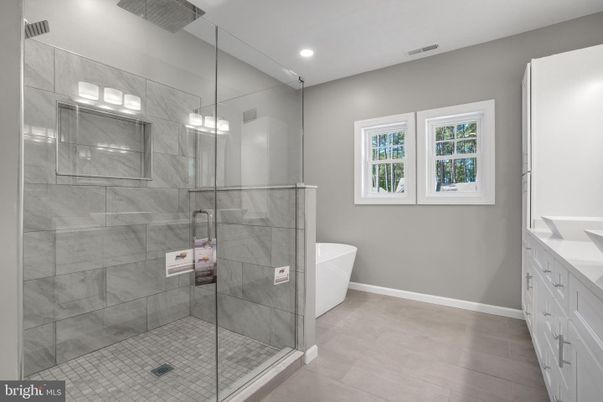 Bathroom, Free Standing Baths, Glass Shower, Interior, Recessed Lighting