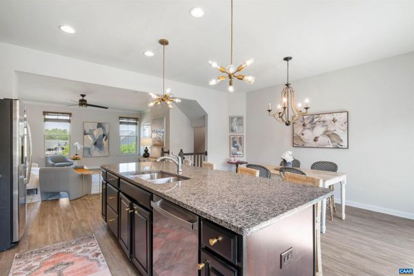 Chandelier, Interior, Kitchen, Living room, Pendant Lights, Recessed Lighting, Wood Texture Flooring