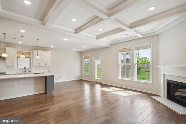 Fireplace, Interior, Kitchen, Pendant Lights, Recessed Lighting, Wood Texture Flooring