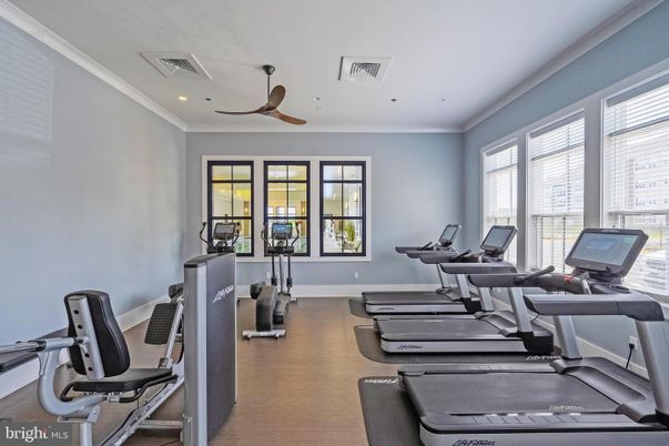 Fitness Equipment, Gym, Interior, Recessed Lighting, Wood Texture Flooring