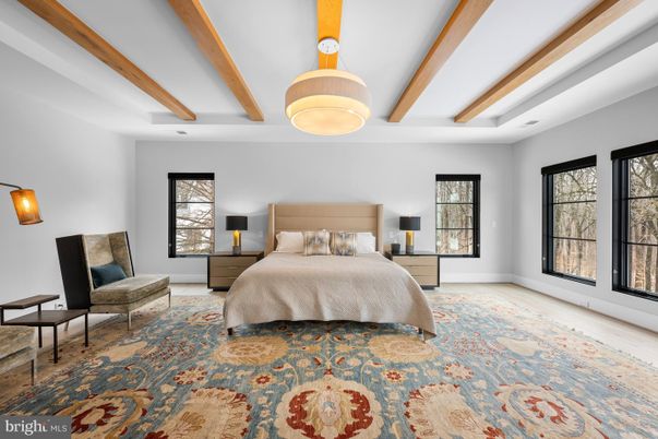 Bedroom, Interior, Pendant Lights, Wooden Beams, Wood Texture Flooring