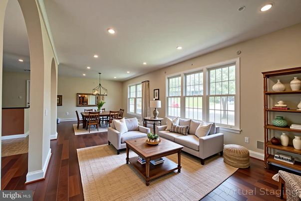 Dining room, Interior, Living room, Pendant Lights, Recessed Lighting, Wood Texture Flooring