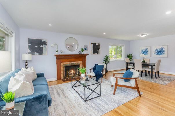 Dining room, Fireplace, Interior, Living room, Recessed Lighting, Wood Texture Flooring