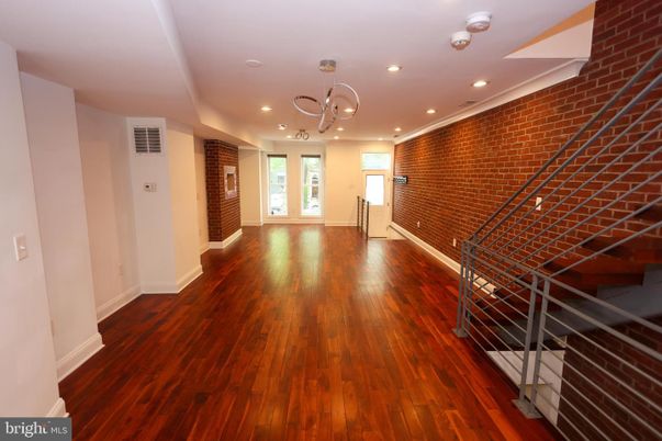 Empty room, Interior, Recessed Lighting, Stone Walls, Wood Texture Flooring
