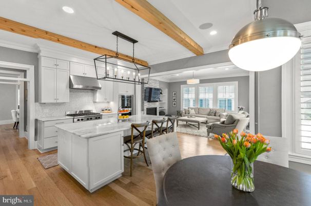 Fireplace, Interior, Kitchen, Living room, Pendant Lights, Recessed Lighting, Stainless Steel Appliances, Wooden Beams, Wood Texture Flooring