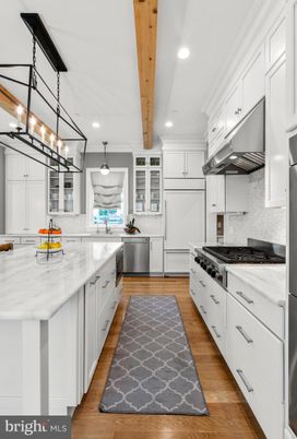 Interior, Kitchen, Pendant Lights, Recessed Lighting, Stainless Steel Appliances, Wooden Beams, Wood Texture Flooring