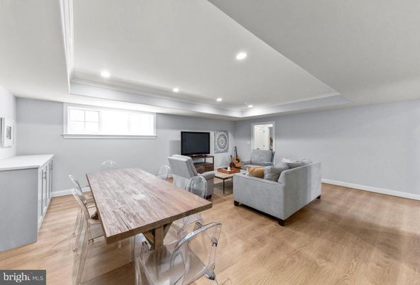 Dining room, Interior, Living room, Recessed Lighting, Wood Texture Flooring