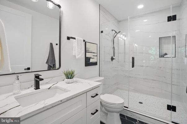 Bathroom, Glass Shower, Interior, Marble Walls, Recessed Lighting