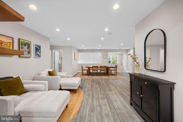 Dining room, Interior, Living room, Recessed Lighting, Wood Texture Flooring