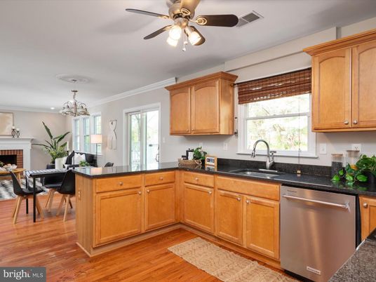 Dining room, Fireplace, Interior, Kitchen, Stainless Steel Appliances, Wood Texture Flooring