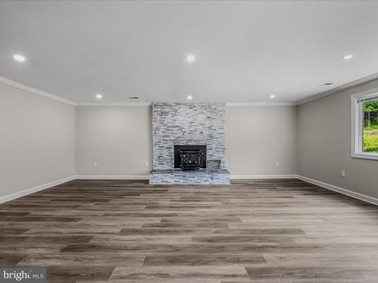Empty room, Fireplace, Interior, Recessed Lighting, Wood Texture Flooring