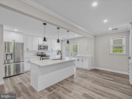 Interior, Kitchen, Pendant Lights, Recessed Lighting, Stainless Steel Appliances, Wood Texture Flooring