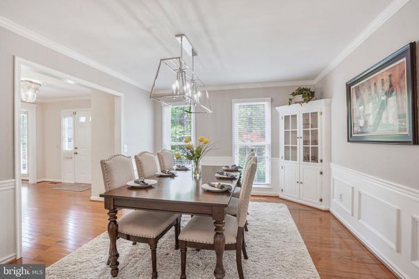 Dining room, Interior, Pendant Lights, Wood Texture Flooring