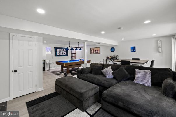 Billiard Table, Dining room, Game Room, Interior, Living room, Pendant Lights, Recessed Lighting, Wood Texture Flooring