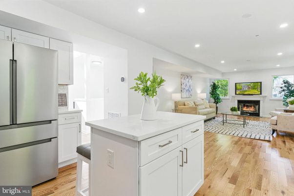 Fireplace, Interior, Kitchen, Living room, Recessed Lighting, Wood Texture Flooring