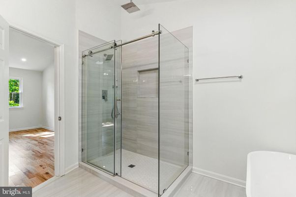 Bathroom, Glass Shower, Interior, Recessed Lighting, Wood Texture Flooring