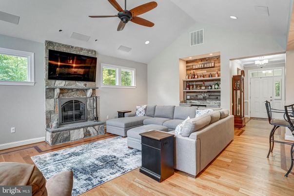 Fireplace, Interior, Living room, Recessed Lighting, Wood Texture Flooring