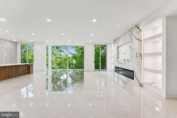 Empty room, Fireplace, Interior, Marble Walls, Recessed Lighting