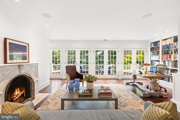 Fireplace, Home Office, Interior, Living room, Recessed Lighting, Wood Texture Flooring