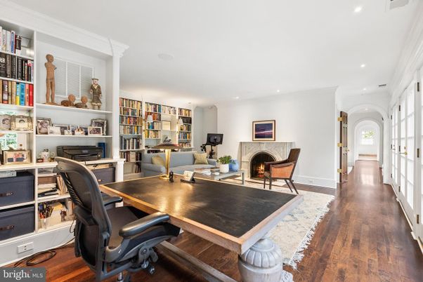 Fireplace, Home Office, Interior, Recessed Lighting, Wood Texture Flooring