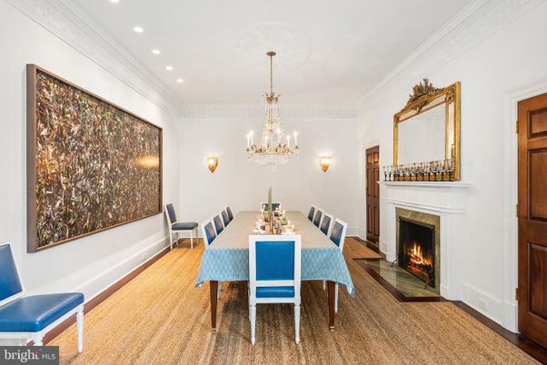 Chandelier, Dining room, Fireplace, Interior, Recessed Lighting